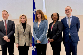 From left to right: the Consul General of France in Quebec, Mr. Éric Lamouroux; the Minister of International Relations and La Francophonie and Minister responsible for the Status of Women, Ms. Martine Biron; the President of the ANQ, Ms. Nathalie Roy; the Representative of the International Organization of La Francophonie for the Americas, Ms. Zahra Kamil Ali; the General Delegate of Wallonia-Brussels in Quebec/Canada, Mr. Yann Gall © National Assembly of Quebec